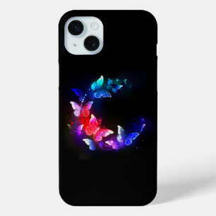 Glowing Neon Night Butterflies on Black background iPhone 15 Mini Case