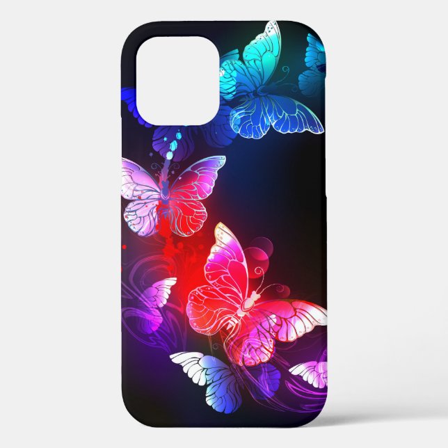 Glowing Neon Night Butterflies on Black background Case-Mate iPhone Case (Back)