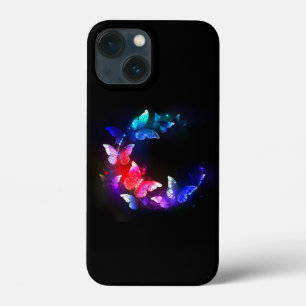 Glowing Neon Night Butterflies on Black background iPhone 13 Mini Case