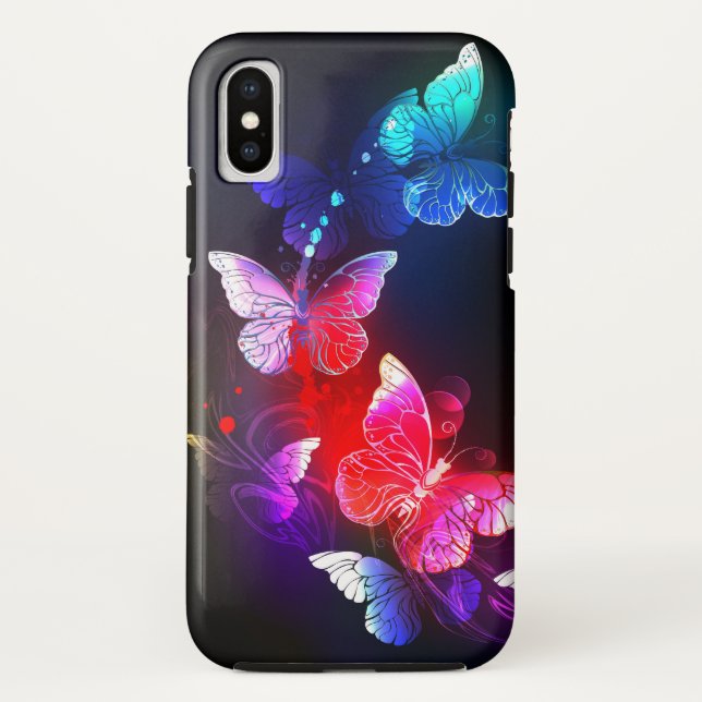 Glowing Neon Night Butterflies on Black background Case-Mate iPhone Case (Back)