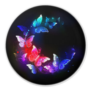 Glowing Neon Night Butterflies on Black background Ceramic Knob