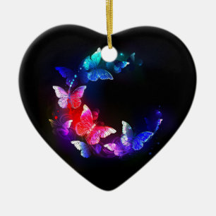 Glowing Neon Night Butterflies on Black background Ceramic Ornament