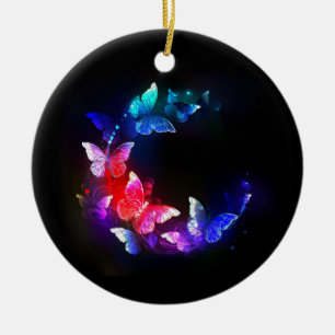 Glowing Neon Night Butterflies on Black background Ceramic Ornament