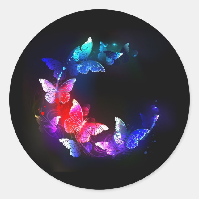 Glowing Neon Night Butterflies on Black background Classic Round Sticker (Front)