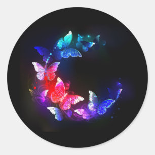 Glowing Neon Night Butterflies on Black background Classic Round Sticker