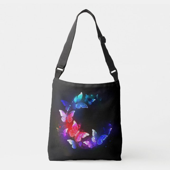 Glowing Neon Night Butterflies on Black background Crossbody Bag (Front)