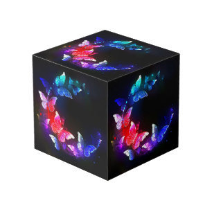 Glowing Neon Night Butterflies on Black background Cube