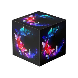 Glowing Neon Night Butterflies on Black background Cube