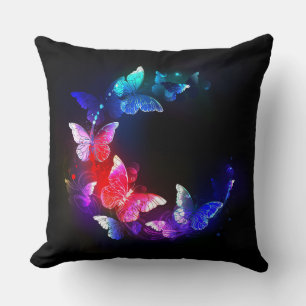 Glowing Neon Night Butterflies on Black background Cushion