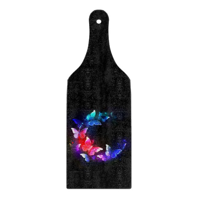 Glowing Neon Night Butterflies on Black background Cutting Board (Front)