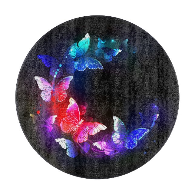Glowing Neon Night Butterflies on Black background Cutting Board (Front)