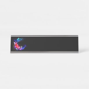 Glowing Neon Night Butterflies on Black background Desk Name Plate