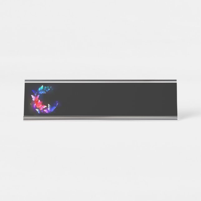 Glowing Neon Night Butterflies on Black background Desk Name Plate (Front)
