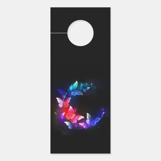 Glowing Neon Night Butterflies on Black background Door Hanger (Front)