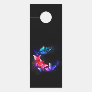 Glowing Neon Night Butterflies on Black background Door Hanger