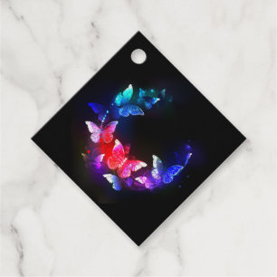 Glowing Neon Night Butterflies on Black background Favour Tags
