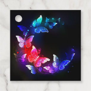 Glowing Neon Night Butterflies on Black background Favour Tags