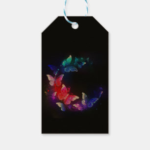 Glowing Neon Night Butterflies on Black background Gift Tags