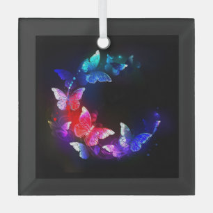 Glowing Neon Night Butterflies on Black background Glass Tree Decoration