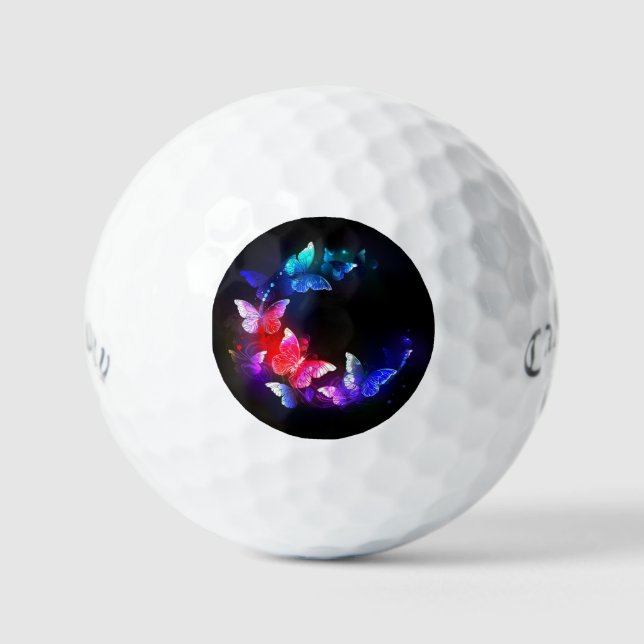 Glowing Neon Night Butterflies on Black background Golf Balls (Front)