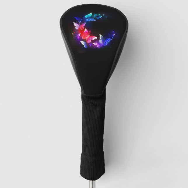 Glowing Neon Night Butterflies on Black background Golf Head Cover (Front)