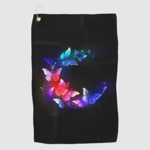 Glowing Neon Night Butterflies on Black background Golf Towel