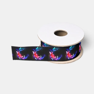 Glowing Neon Night Butterflies on Black background Grosgrain Ribbon