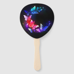 Glowing Neon Night Butterflies on Black background Hand Fan