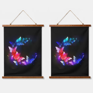Glowing Neon Night Butterflies on Black background Hanging Tapestry
