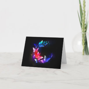 Glowing Neon Night Butterflies on Black background Holiday Card