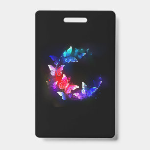 Glowing Neon Night Butterflies on Black background ID Badge