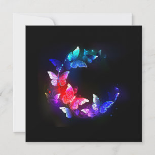 Glowing Neon Night Butterflies on Black background Invitation