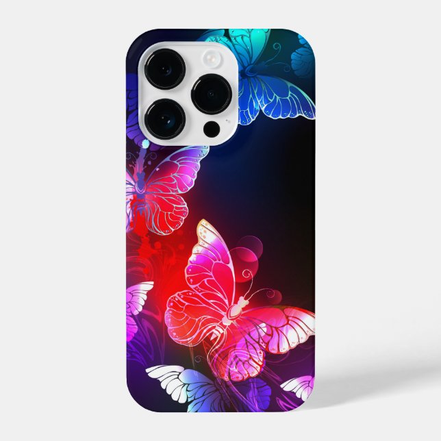 Glowing Neon Night Butterflies on Black background iPhone Case (Back)