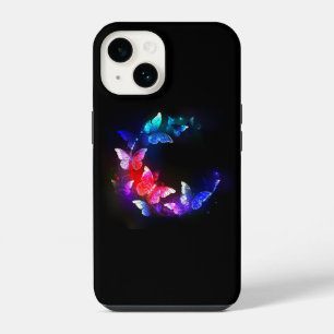 Glowing Neon Night Butterflies on Black background iPhone 14 Case