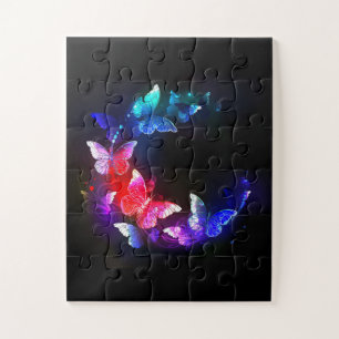 Glowing Neon Night Butterflies on Black background Jigsaw Puzzle