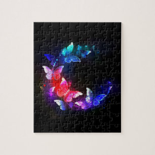 Glowing Neon Night Butterflies on Black background Jigsaw Puzzle