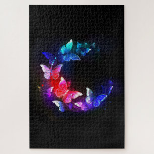 Glowing Neon Night Butterflies on Black background Jigsaw Puzzle