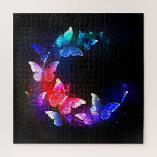 Glowing Neon Night Butterflies on Black background Jigsaw Puzzle