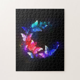 Glowing Neon Night Butterflies on Black background Jigsaw Puzzle