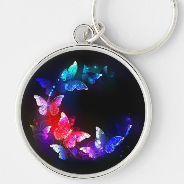 Glowing Neon Night Butterflies on Black background Key Ring (Front)