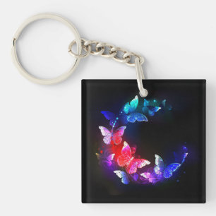 Glowing Neon Night Butterflies on Black background Key Ring
