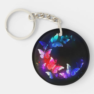 Glowing Neon Night Butterflies on Black background Key Ring