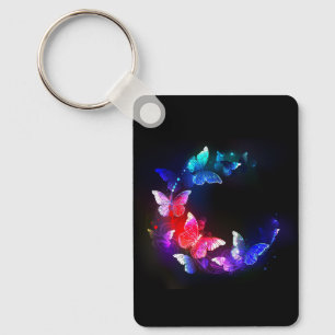 Glowing Neon Night Butterflies on Black background Key Ring