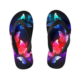 Glowing Neon Night Butterflies on Black background Kid's Thongs