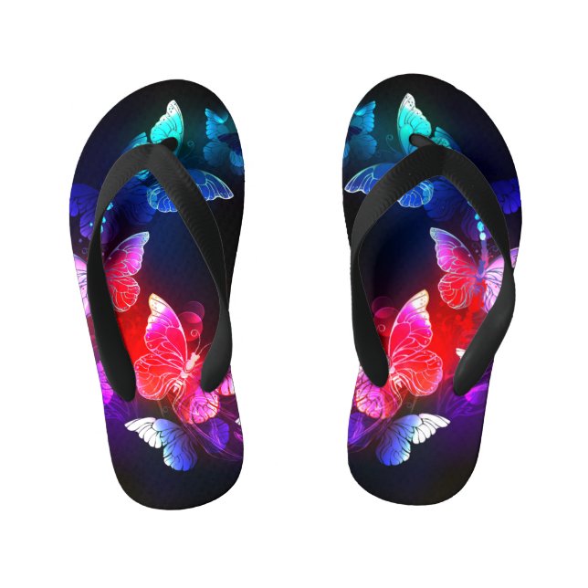 Glowing Neon Night Butterflies on Black background Kid's Thongs (Footbed)