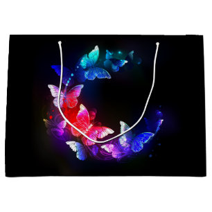 Glowing Neon Night Butterflies on Black background Large Gift Bag