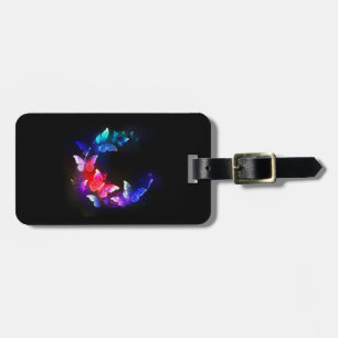 Glowing Neon Night Butterflies on Black background Luggage Tag