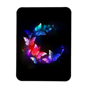 Glowing Neon Night Butterflies on Black background Magnet