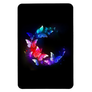 Glowing Neon Night Butterflies on Black background Magnet