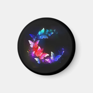 Glowing Neon Night Butterflies on Black background Magnet